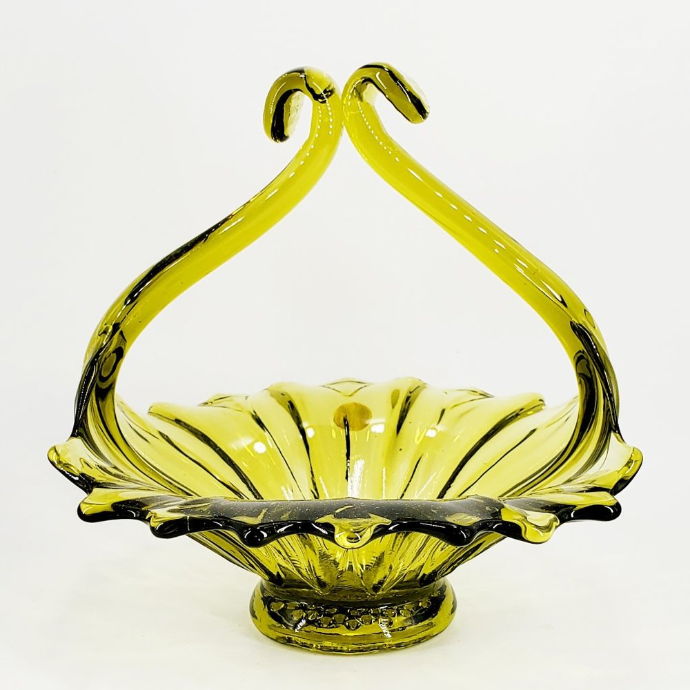 Vintage Made in Italy Green Art Glass Basket Flower Design Hand Blown Foil Label